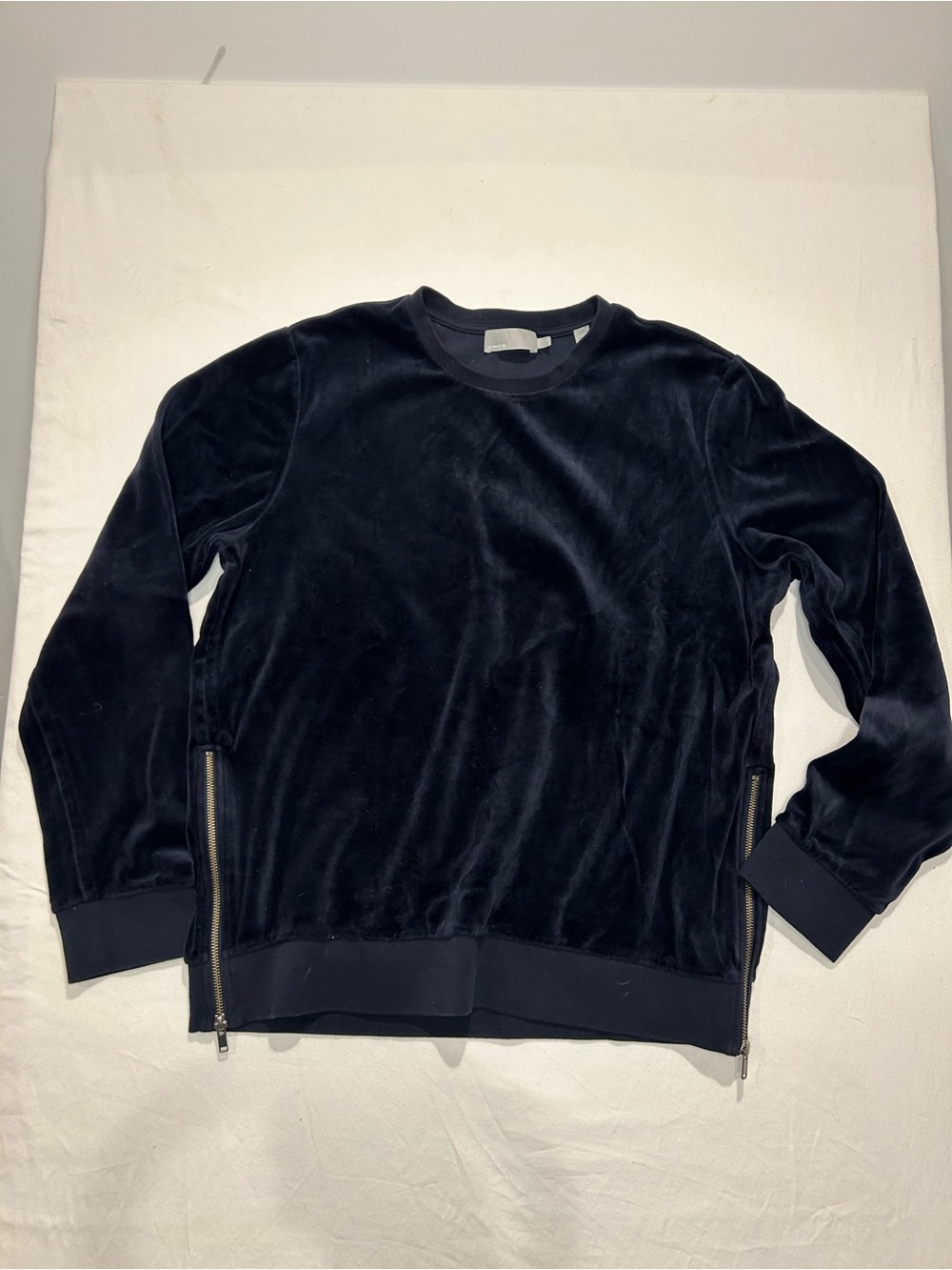 Vince Navy Men’s Velvet Crewneck Sweater with Side Zippers -Large